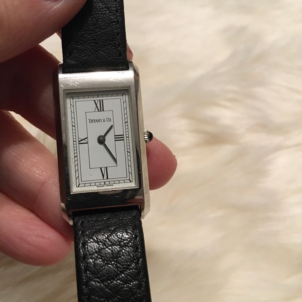 Vintage Authentic TIFFANY & CO Black Leather WATCH Rectangle Roman Numeral - Picture 8 of 15